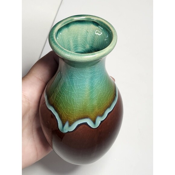 Vintage Teal & Brown Drip Glaze Pottery Bud Vase 6" MCM Retro Artisan Decor - Picture 7 of 12